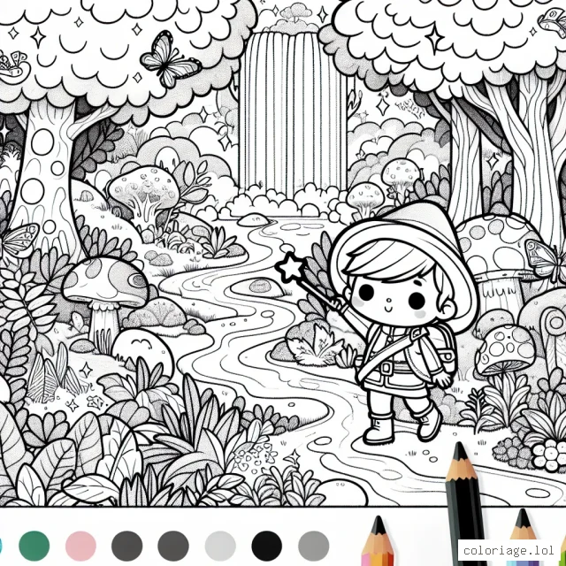 Notre petit héros est un explorateur intrépide qui a découvert une forêt mystique peuplée de créatures fantastiques. Il possède une carte magique qui le guide à travers cette forêt luxuriante. Il y a des arbres gigantesques, des cascades scintillantes, des oiseaux aux couleurs vives, des papillons étincelants et des animaux exotiques. Aide notre explorateur à rendre son aventure colorée et lumineuse avec ton imagination !