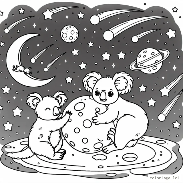 Réalise une scène montrant un koala jouant avec un kangourou sur la lune, entourés d'étoiles filantes et de planètes colorées.