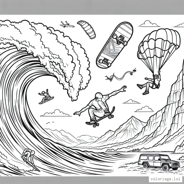 Une scène réunissant plusieurs sports extrêmes : surfeur sur une vague gigantesque, skateur réalisant une figure aérienne dans un skatepark, alpiniste grimpant une falaise abrupte et parachutiste sautant d'un avion dans le ciel.