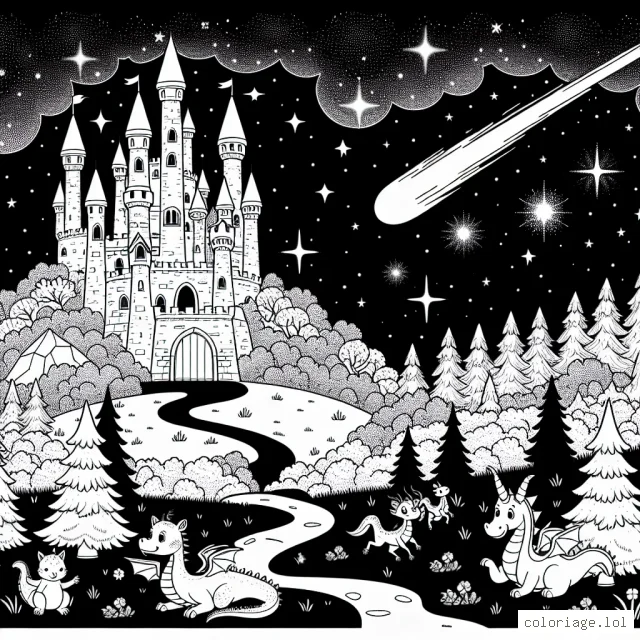 Un grand château majestueux posé sur une colline verdoyante, entouré d'un mystérieux bois sombre, sous un ciel étoilé. A l'entrée du château, un dragon amical salue un groupe de joyeuses créatures de la forêt. Dans le ciel, une météorite parcourt son chemin, laissant une trainée brillante derrière elle.
