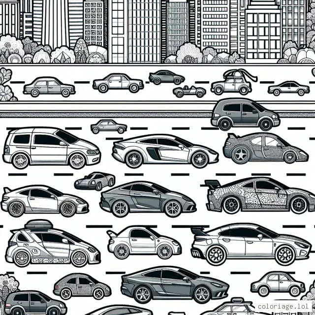Des différentes marques de voitures sont présentées dans un décor urbain dynamique. Les voitures sont différentes en termes de modèles et de designs, reflétant les caractéristiques uniques de chaque marque. Alignées le long d'une route animée, ces voitures attendent d'être colorées. Elles incluent mais ne se limitent pas à des marques telles que Ferrari, Mercedes, BMW, Audi, Volvo, Citroën etc. Il est temps d'apporter de la couleur dans le monde des automobiles !