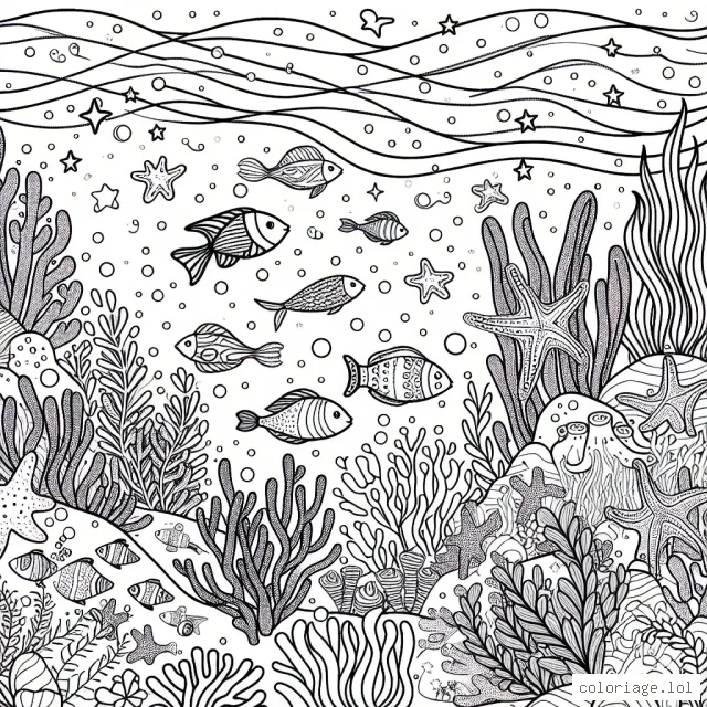 Imagines un paysage sous-marin enchanteur avec des poissons colorés, algues ondulantes et coraux brillants.