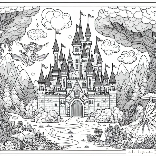 Un énorme château niché au coeur de la mystique forêt des fées, entouré par une collection d'animaux magiques et colorés.