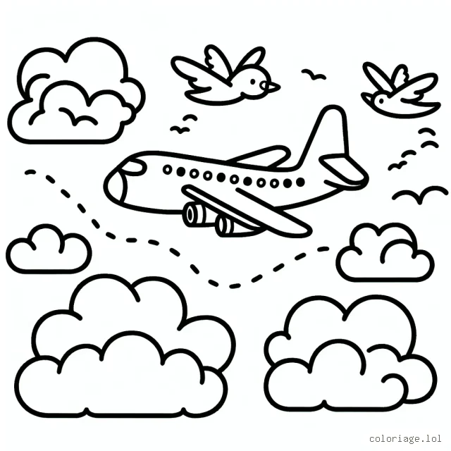 Un avion volant au-dessus des nuages, accompagné d'oiseaux