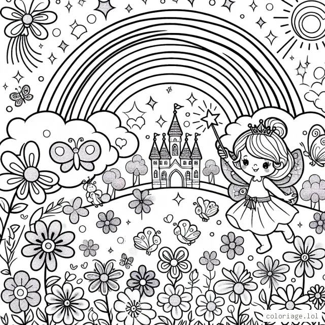 Un jardin féerique rempli de fleurs chatoyantes, avec un arc-en-ciel, une petite fille fée avec des ailes scintillantes tenant une baguette magique, un majestueux château de princesse au loin et divers animaux mignons comme des papillons, des lapins et des écureuils.