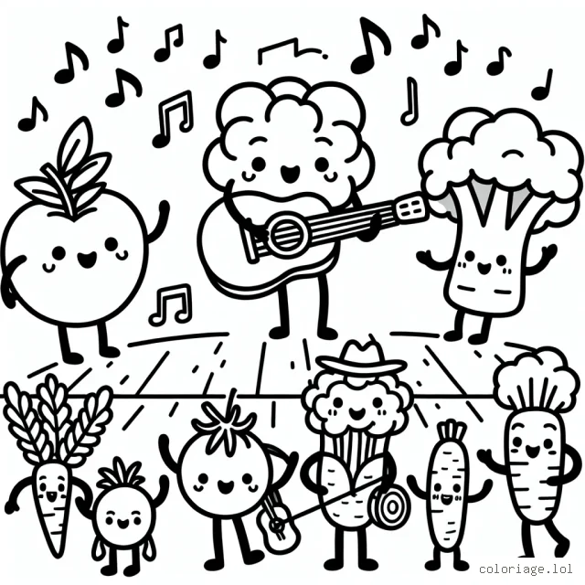 Imagine un monde où les fruits et légumes prennent vie. Dessine un impressionnant festival de légumes en musique, avec une tomate jouant de la guitare, un brocoli au chant et une carotte à la batterie.