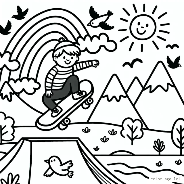 Dessine un skateur effectuant un saut incroyable sur une rampe, avec des montagnes imposantes en arrière-plan. Des oiseaux volent en haut dans le ciel, et il y a un grand arc-en-ciel qui s'étend jusqu'à un soleil souriant.