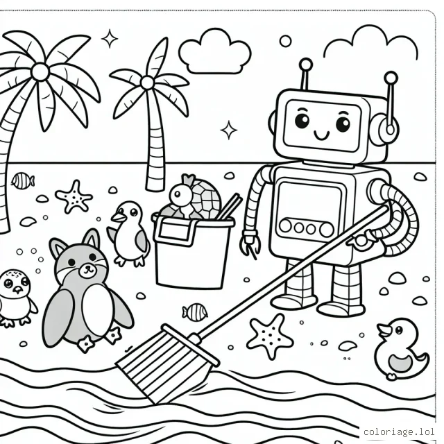 Un robot amical nettoie la plage avec ses amis animaux