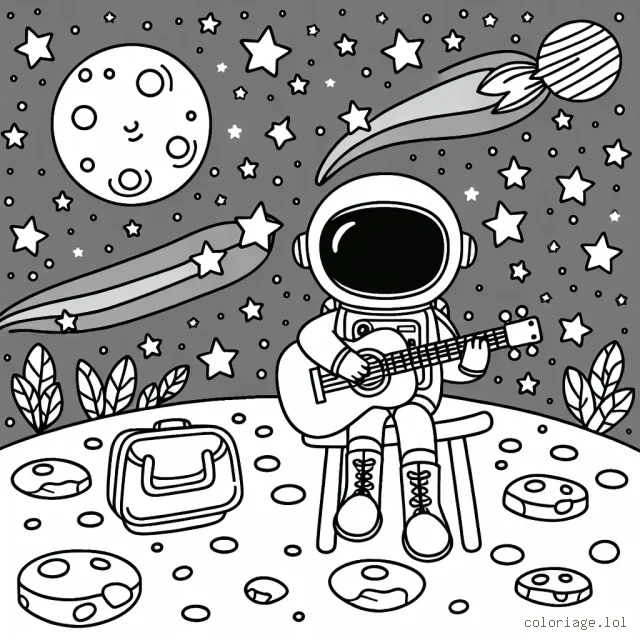 Un astronaute jouant de la guitare sur la lune, entouré d'étoiles filantes