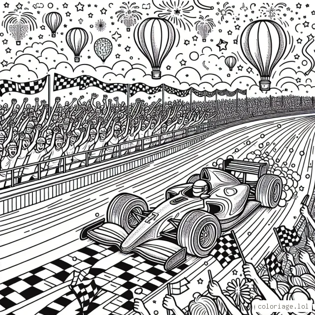 Dessine une voiture de course vite faisant la course sur un circuit animé, avec une multitude de supporters et un ciel lumineux rempli de ballons colorés