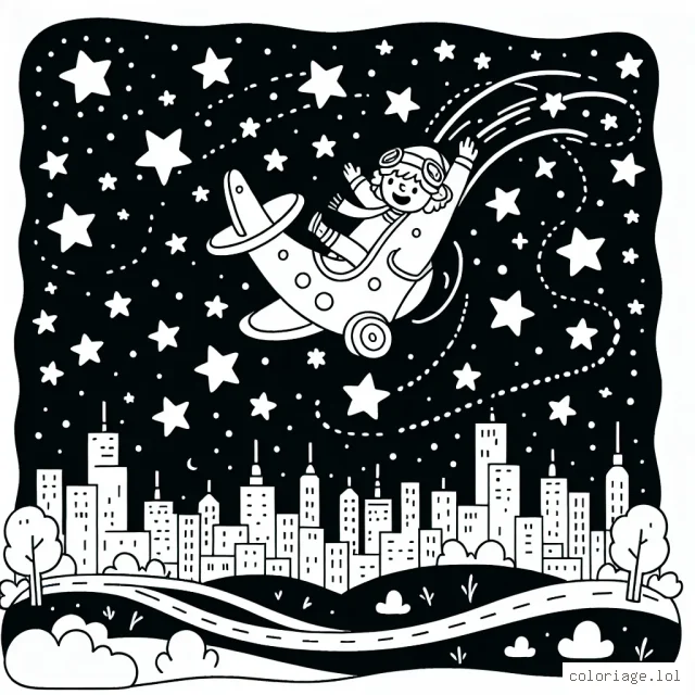 Un avion virevoltant dans le ciel étoilé, survolant une ville illuminée la nuit.