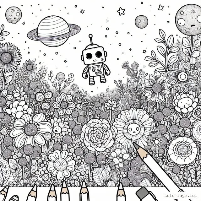 Sur une planète lointaine, un petit robot curieux explore un jardin extraordinaire plein de fleurs interstellaires vibrantes et d'animaux étranges à griffonner,