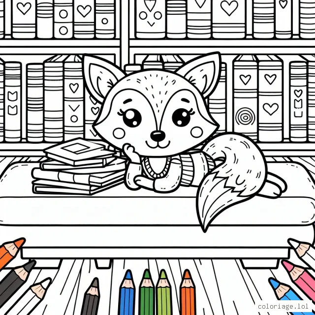 Un adorable renard affalé dans une bibliothèque bondée de livres