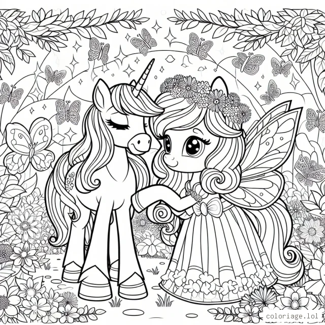 Une scène d'une princesse et son fidèle poney féérique dans un jardin enchanté, entourés de papillons colorés et de fleurs lumineuses.