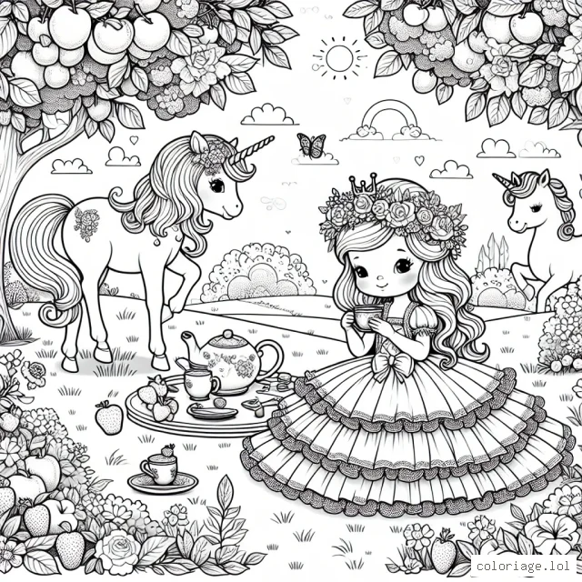 Une petite princesse avec une belle robe à froufrous est en train de prendre le thé avec ses amies les licornes dans un jardin enchanté, entourée d'arbres fruitiers et de fleurs aux couleurs éclatantes. À vous de donner vie à ce monde magique !