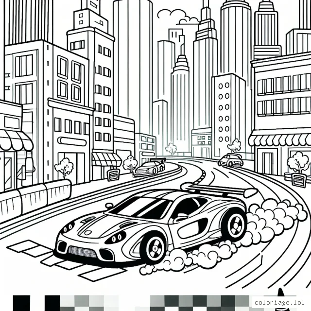 Dessine et colorie une course passionnante de voitures de sport à travers la ville animée!