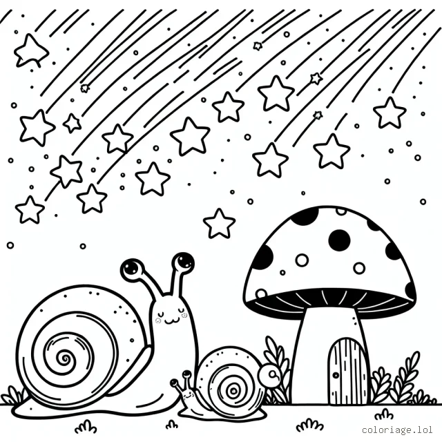 Une famille d'escargots vivant dans une maison en forme de champignon sous une pluie d'étoiles filantes