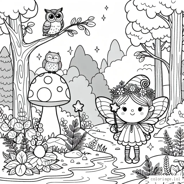 Une petite fée mignonne avec une baguette magique se tient à côté d'un champignon géant dans une belle forêt enchantée. Il y a une chouette perchée sur une branche et une petite rivière qui serpente à travers la scène.