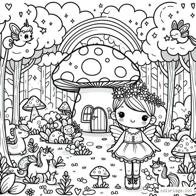 Une petite princesse debout près d'une charmante maison de champignons en plein cœur d'une forêt enchantée, entourée de créatures magiques comme des fées, des licornes et des oiseaux chanteurs.