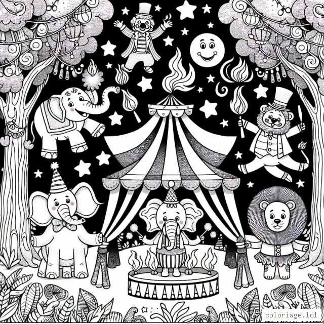 Un cirque jovial plein de personnages farfelus au milieu d'une forêt enchantée. Il y a un clown jonglant avec le feu, une éléphante danseuse étoile, un lion acrobate et un monsieur Loyal avec une énorme moustache. Les arbres ont des visages et semblent regarder le spectacle. Certaines de leurs branches soutiennent des guirlandes colorées qui serpentent tout autour du cirque.