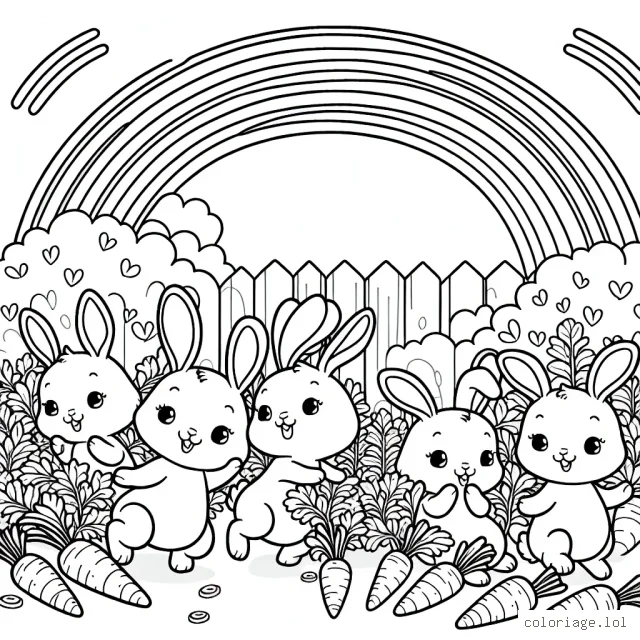 Une bande de joyeux lapins joue dans un jardin de carottes sous un arc-en-ciel.