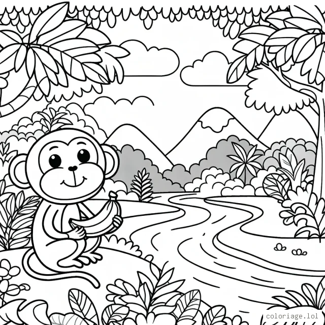 Un paysage de jungle avec un singe joyeux qui tient une banane à côté de la rivière