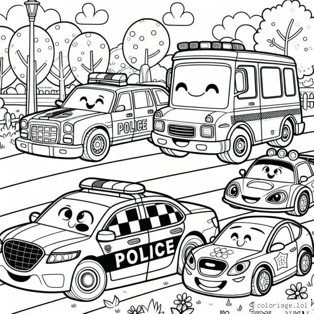 Un groupe animé de voitures, avec la voiture de police en tête, suivi d'une voiture de course brillante et d'une voiture familiale amusante au parc, toutes attendant d'être colorées.