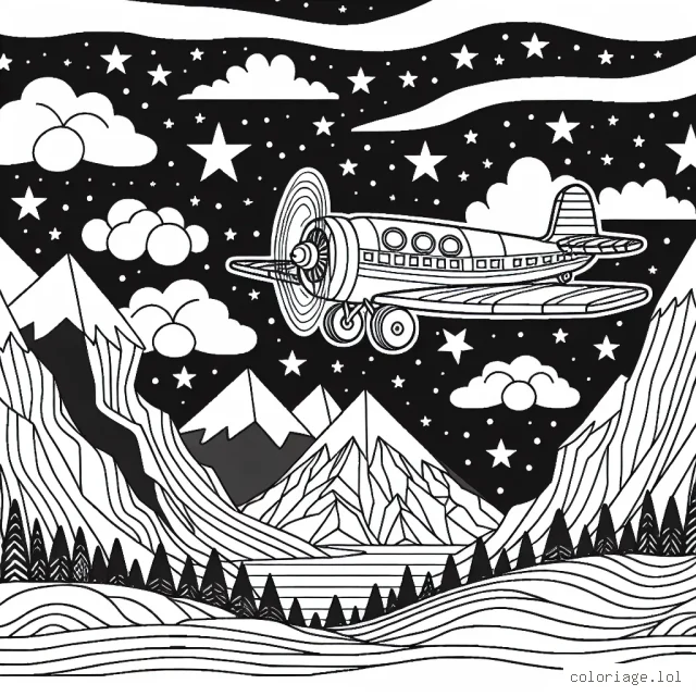 Un avion volant au-dessus de montagnes majestueuses avec des étoiles parsemant le ciel nocturne.