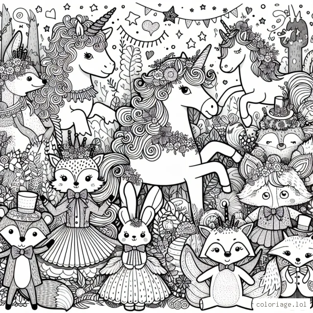 Imagine un monde merveilleux où les animaux de la forêt enchantée organisent un bal annuel. Des licornes, des lapins, de adorables renards, de moelleux hérissons, et même d'élégants cerfs, tous vêtus de leur plus grand costume, sont en train de danser. Ajoute des couleurs à cette fête incroyable et donne vie à cette magnifique scène.