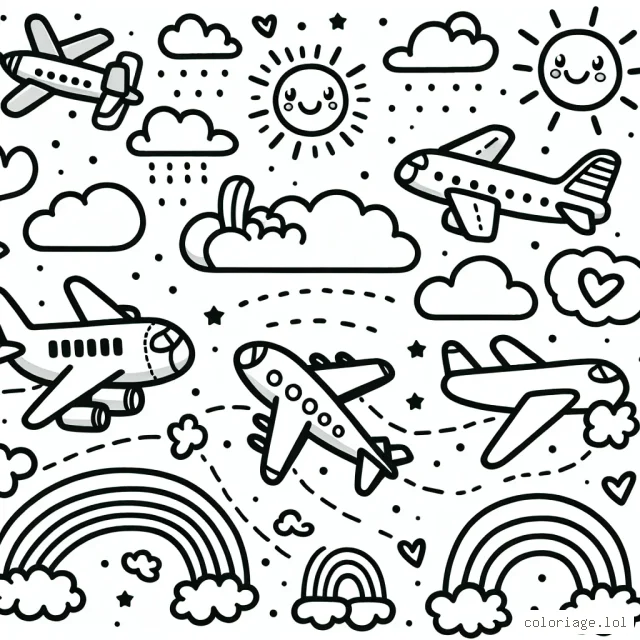 Dans ce dessin, il y a plusieurs avions de différentes tailles et formes volant dans le ciel. Il y a aussi des nuages, un arc-en-ciel, et le soleil souriant. Les enfants sont invités à colorier les avions, le ciel et les autres éléments du dessin.