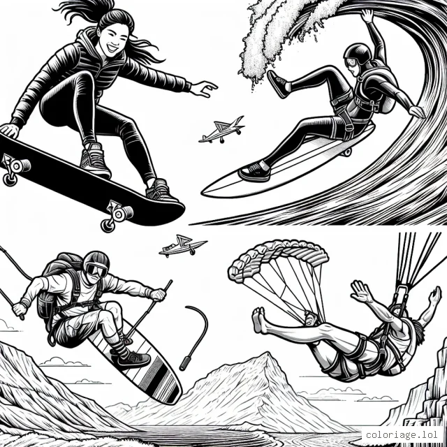 Imagines une scène palpitante avec quatre athlètes pratiquant des sports extrêmes; un skateboarder effectuant un trick au sommet d'une rampe, un surfer glissant sur une vague gigantesque, un parachutiste plongeant vers le sol à une vitesse vertigineuse et un grimpeur faisant l'ascension d'une montagne abrupte.
