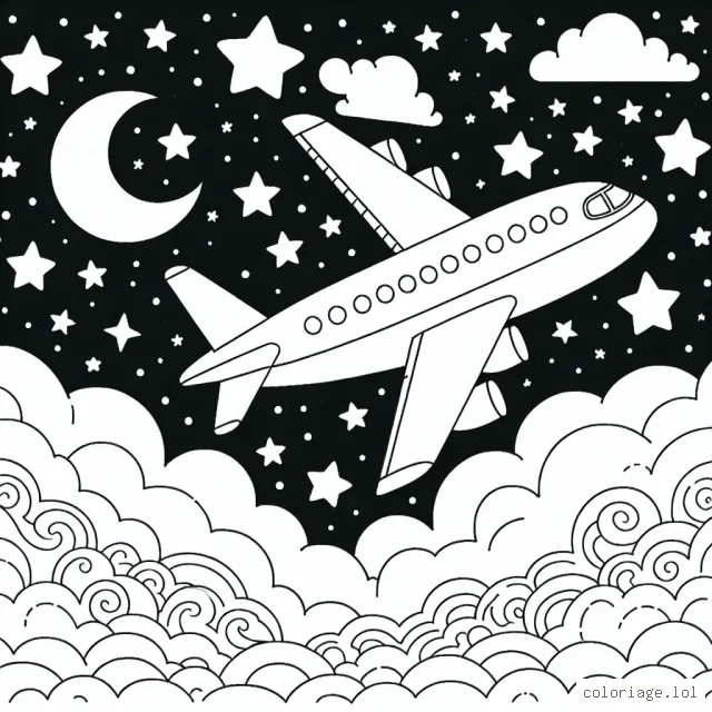 Des avions traversent le ciel étoilé. Colorie les avions dans les couleurs que tu imagines et donne vie au ciel nocturne avec des couleurs vives !