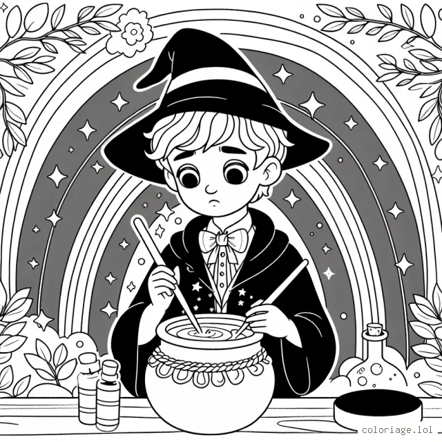 Un jeune étudiant en magie fabriquant une potion magique pour faire pousser des arbres arc-en-ciel
