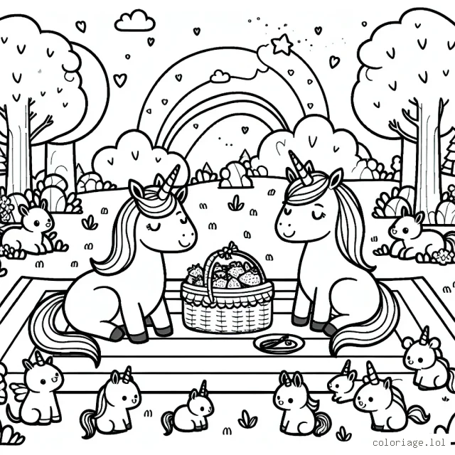 Une famille de licornes organise un pique-nique dans une clairière enchantée peuplée de petits animaux magiques.