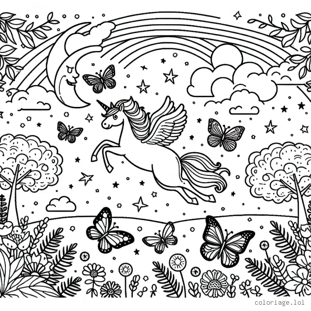 Imagine un monde fantastique où des licornes volantes jouent avec des papillons arc-en-ciel dans un jardin enchanté, tout cela sous un ciel plein d'étoiles scintillantes et une grande lune.