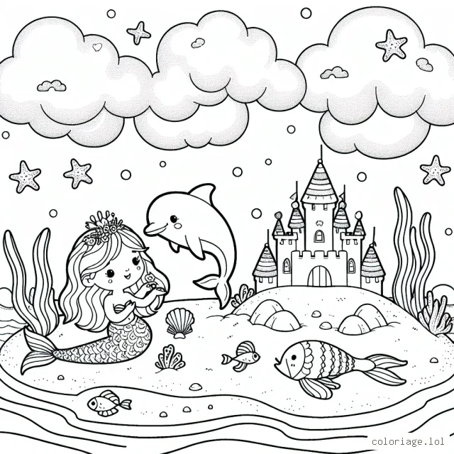 Sur une petite île de paradis, votre enfant va colorier une sirène jouant avec un petit dauphin à côté d'un chateau de sable détaillé avec de petits poissons qui nagent autour. Le ciel est parsemé de nuages moelleux et d'étoiles de mer suspendues, et un beau coquillage sert de bateau pour un crabe amical.
