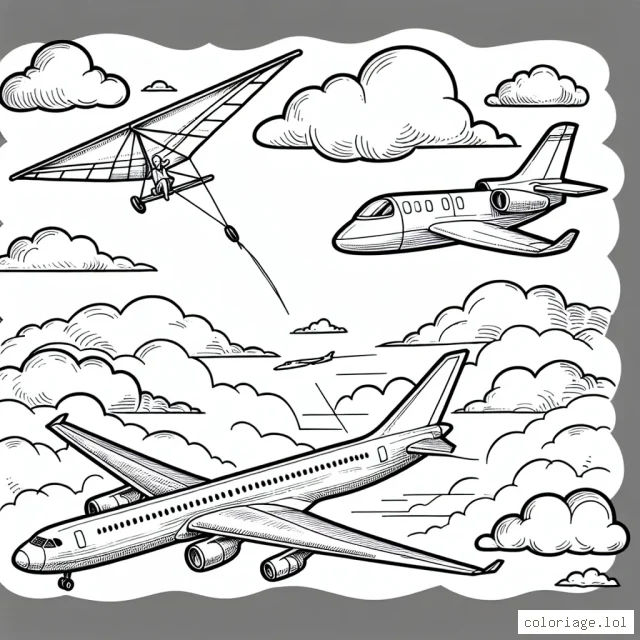 Un incroyable voyage aérien! Dessinez et colorez un avion planeur planeur dans le ciel, un avion de chasse se précipitant à grande vitesse et un grand avion de passagers volant parmi les nuages. Quels types de paysages peuvent-ils voir depuis là haut?