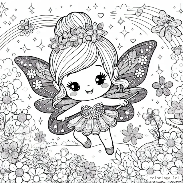 Imagine une jolie petite fée avec des ailes d'arc-en-ciel en train de voler parmi les fleurs du jardin enchanté. Elle porte une robe éblouissante qui scintille sous le soleil brillant. N'oublie pas de colorier son adorable petite baguette magique!