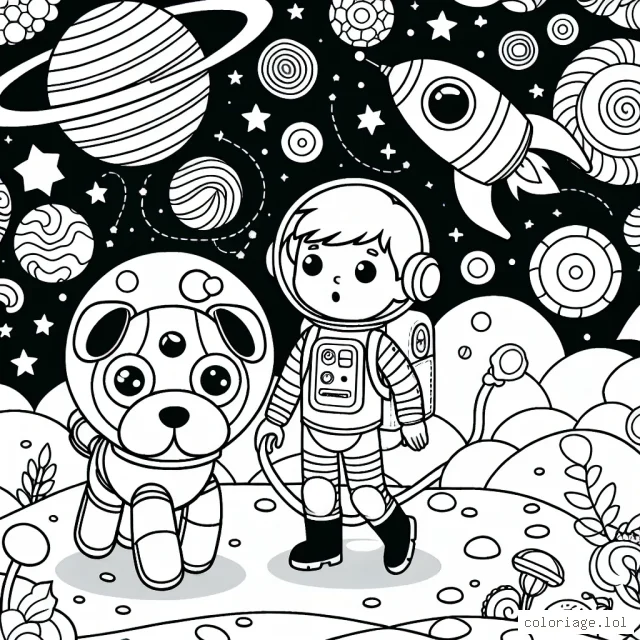 Un jeune astronaute explorant la mystérieuse planète de bonbons avec son chien robot