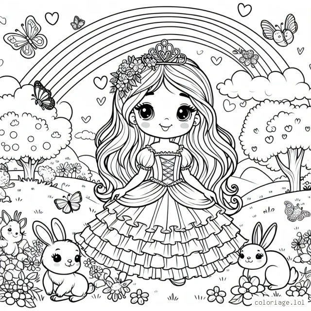 Imagine une charmante princesse qui vit dans un jardin enchanté. Elle porte une belle robe avec de nombreux volants, et un joli diadème sur sa longue chevelure. Elle est entourée de ses fidèles amis les animaux de la nature : des oiseaux chanteurs, des lapins sauteurs et des papillons colorés. Le jardin où elle vit est rempli de magnifiques fleurs et d'arbres fruitiers. Parfois, tu peux voir un arc-en-ciel au loin.