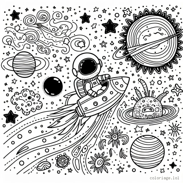 Le petit astronaute traverse des galaxies colorées à bord de sa fusée spatiale. Son voyage sideral lui réserve de nombreuses surprises dont des planètes inconnues, des étoiles scintillantes et des créatures fantastiques de l'espace. Aidé d'une comète filante, le petit astronaute doit également éviter un trou noir menaçant.