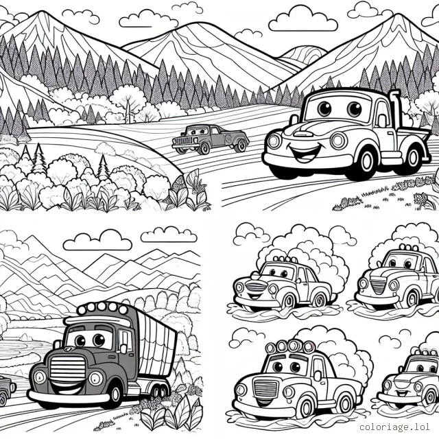 Un convoi de voitures animées voyageant à travers différents paysages
