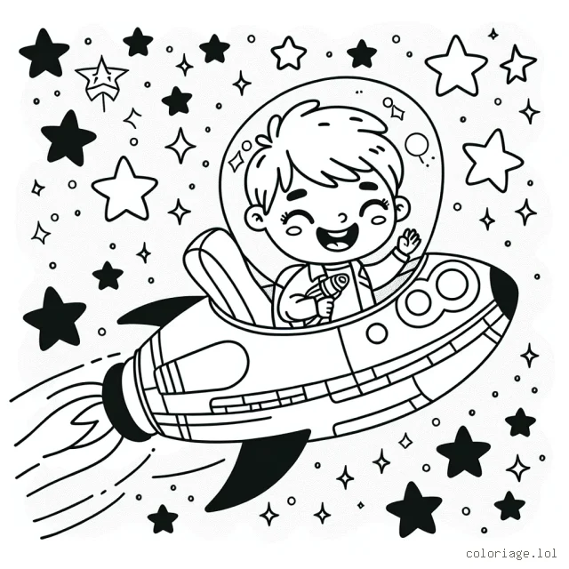 Un petit garçon qui pilote fièrement un vaisseau spatial futuriste au milieu des étoiles scintillantes.