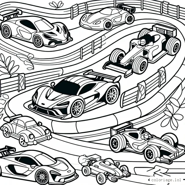 Une piste de course animée avec différentes voitures de course colorées.