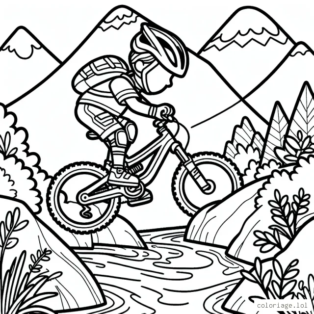 Dessine un vététiste sur un terrain montagneux, et saute par-dessus un ruisseau.