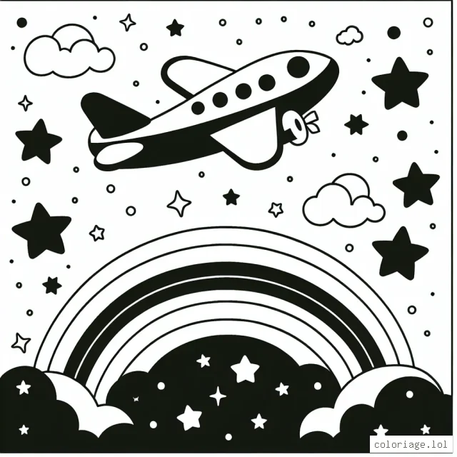 Avions dans le ciel étoilé avec arc-en-ciel