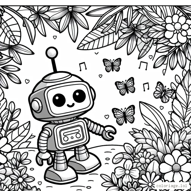 Un petit robot sympathique s’est égaré dans un jardin luxuriant de fleurs et de plantes exotiques. Il est surpris par les couleurs magnifiques des papillons qui volent autour de lui.