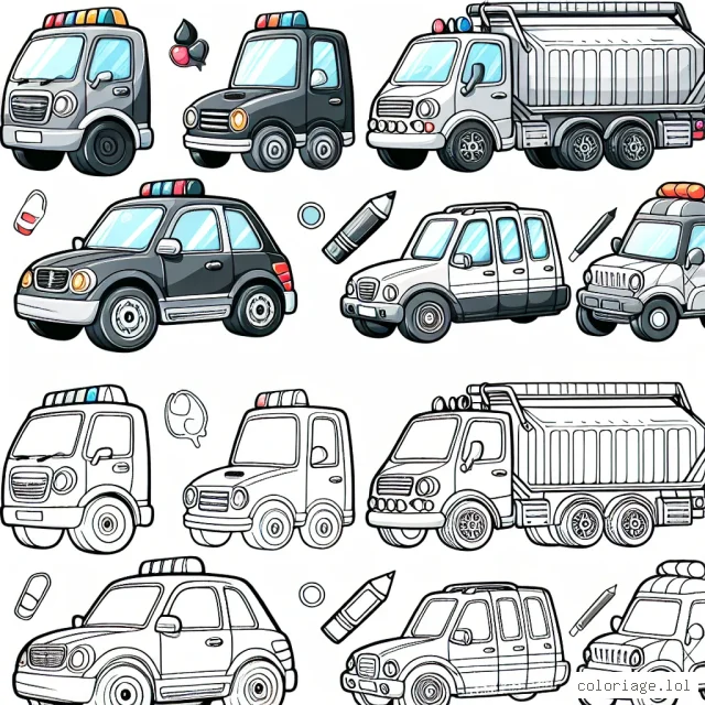 C'est l'heure de donner des couleurs aux voitures ! Vous avez devant vous des voitures de différentes marques et modèles. Votre mission est de les colorier selon vos goûts. N'oubliez pas d'ajouter des détails colorés et attrayants !