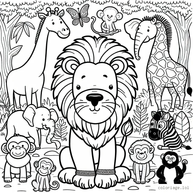 Imagine un fier lion chef d'une horde d'animaux de la jungle, entouré de ses amis les singes, les éléphants, les girafes, les chimpanzés et les zèbres. Colorie chaque animal avec ses caractéristiques distinctes pour rendre la jungle plus vivante!