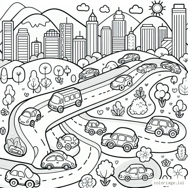 Dessine une scène joyeuse où des voitures de différentes formes et tailles participent à une course animée sur une route sinueuse traversant une ville animée, un désert majestueux et une forêt luxuriante.